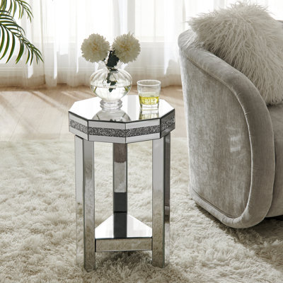 2 Octagon Mirrored Side Table With Crystals Inlay, For Living Room, Bedroom, Small Spaces, 13.8"w X 13.8"d 21"h, Easy Maintenance, Stable Build Crystals, Silver Accent, +glass, Construction
