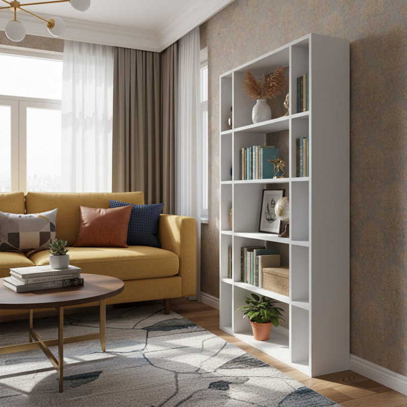 Scandinavian Style Bookshelf, White Color, 35.4 x 9.8 x 64.4 inches | 100% Melamine Coated Particle Board, Thickness: 0.7 inches | Numerous Shelves, Wall-Mountable Design | Perfect for Home or School Use