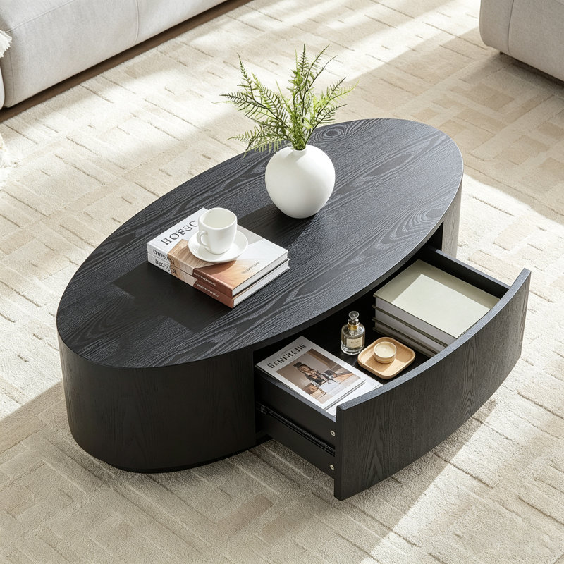 Table basse ovale moderne luxueuse avec tiroir de rangement, fini noir mat, aucun assemblage requis