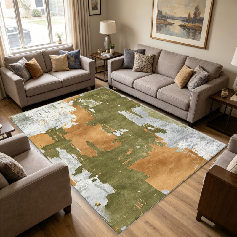 Olive Green and Terracotta Abstract carpet-easy to clean, machine-washable, soft and comfortable; suitable for door mats, kitchens, living rooms, bedrooms, corridors, and laundry areas. Easy to clean, durable carpet for home decoration.