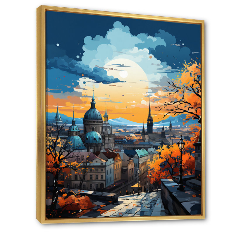 «Yellow Teal City Prague Popart II», reproduction sur toile, H 44 po x l 34 po x P 1,5 po, Cadre flottant doré