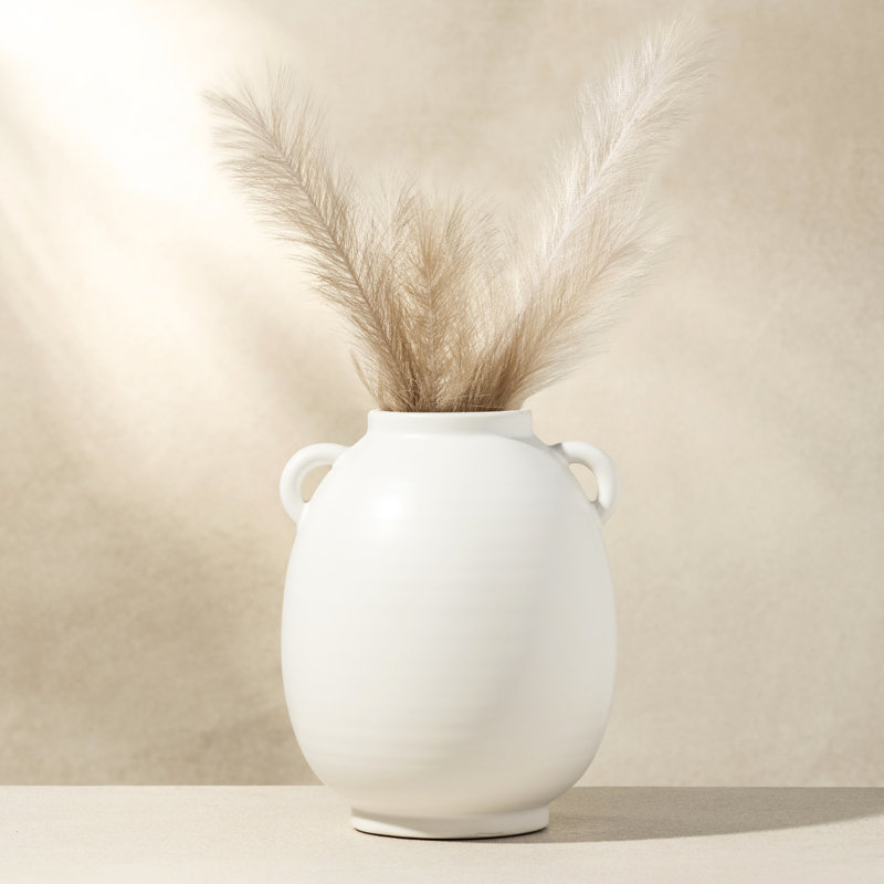  Soma 9" Matte White Ceramic Vase With Handles, White, 9 inch
