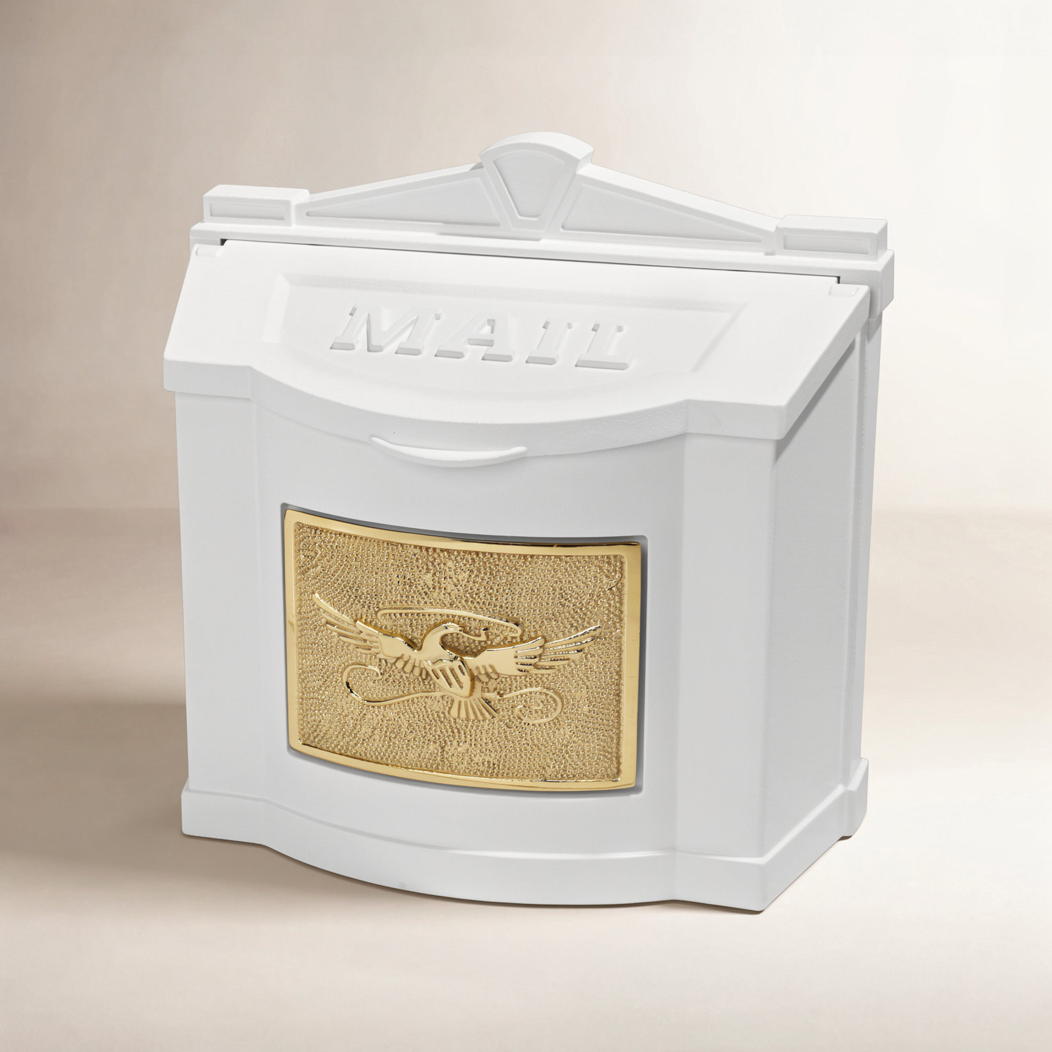 Wall-Mounted Mailbox with Brass Accent, White