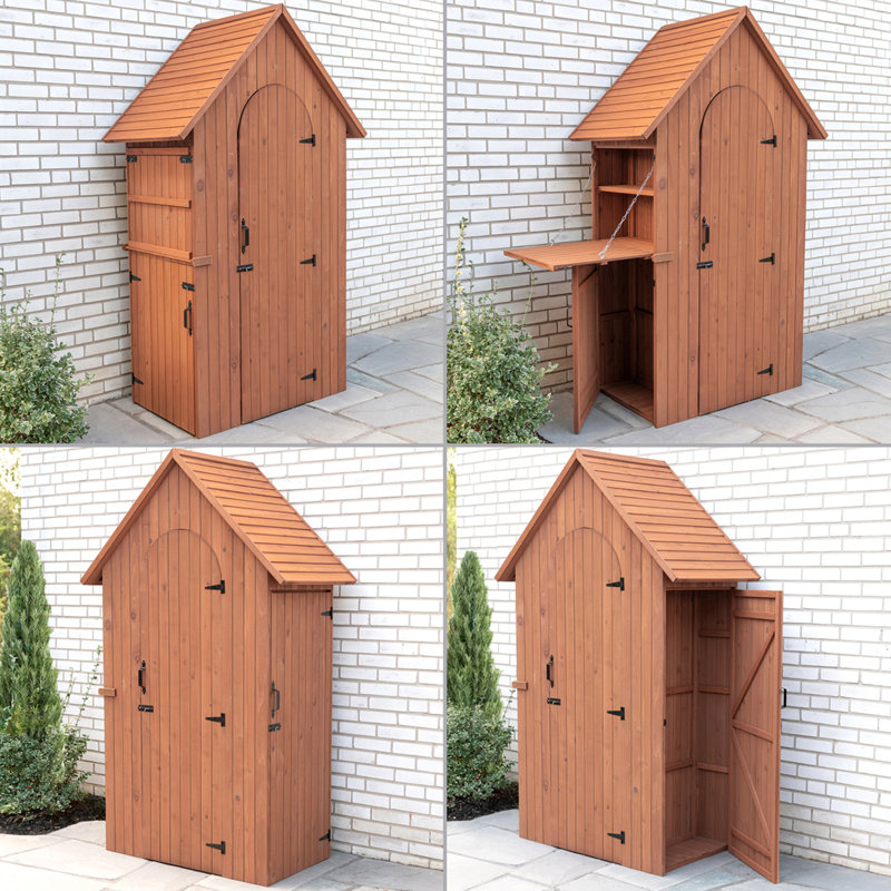 Medium Brown Cypress Wood Multi-Compartment Storage Shed with Drop Table
