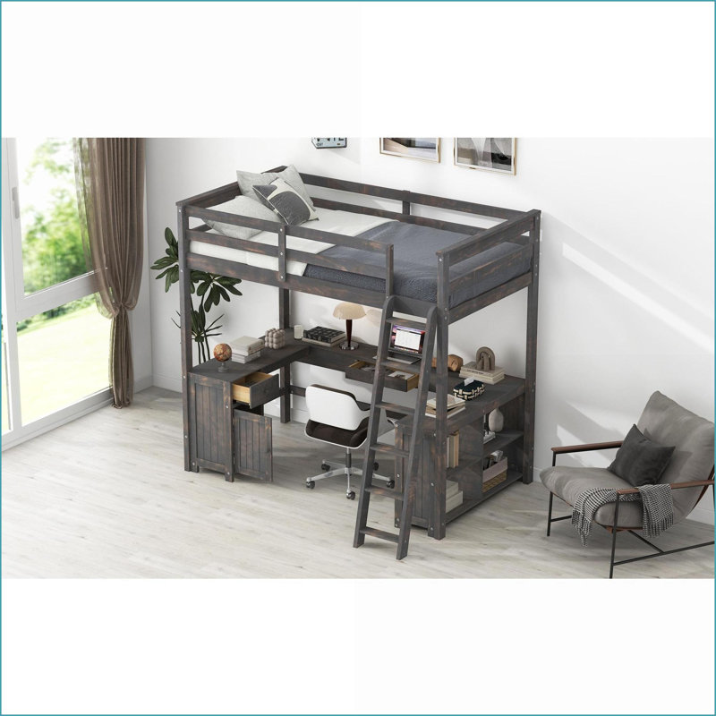Lit mezzanine double en bois de pin avec bureau en U et amp; Rangement, brun antique - aucun sommier nécessaire, Brun antique