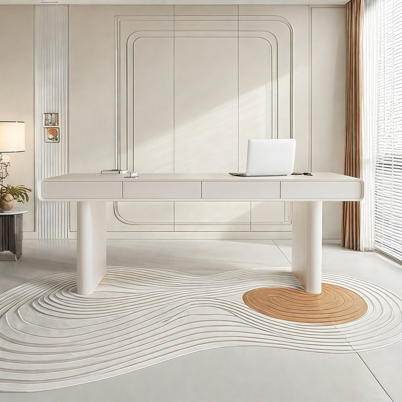 Cream-style minimalist desk with four drawers, 29.53" H x 70.87" W x 27.56" D
