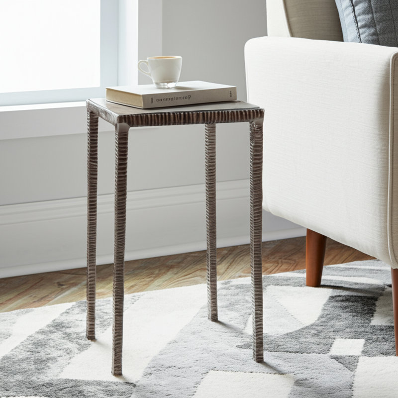 Aluminum Accent Table with Textured Frame & Stone-Inspired Top, 24" Silver & White