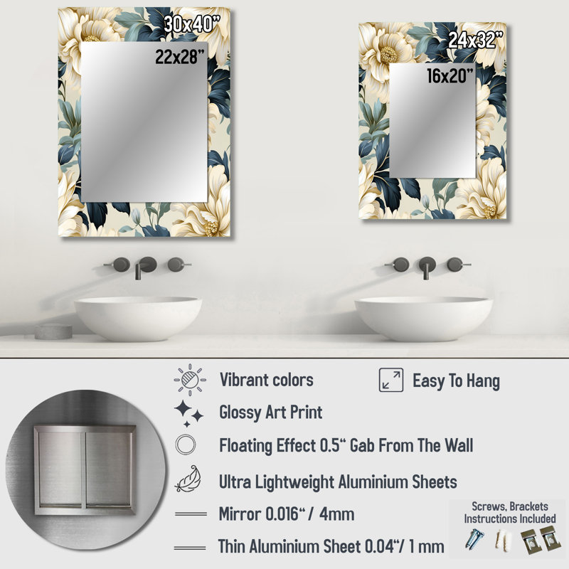 Motif victorien contemporain de Huff, motif victorien - miroir mural floral, miroir décoratif floral, impression d'art en métal