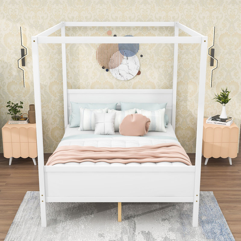Wood Canopy Platform Bed, White