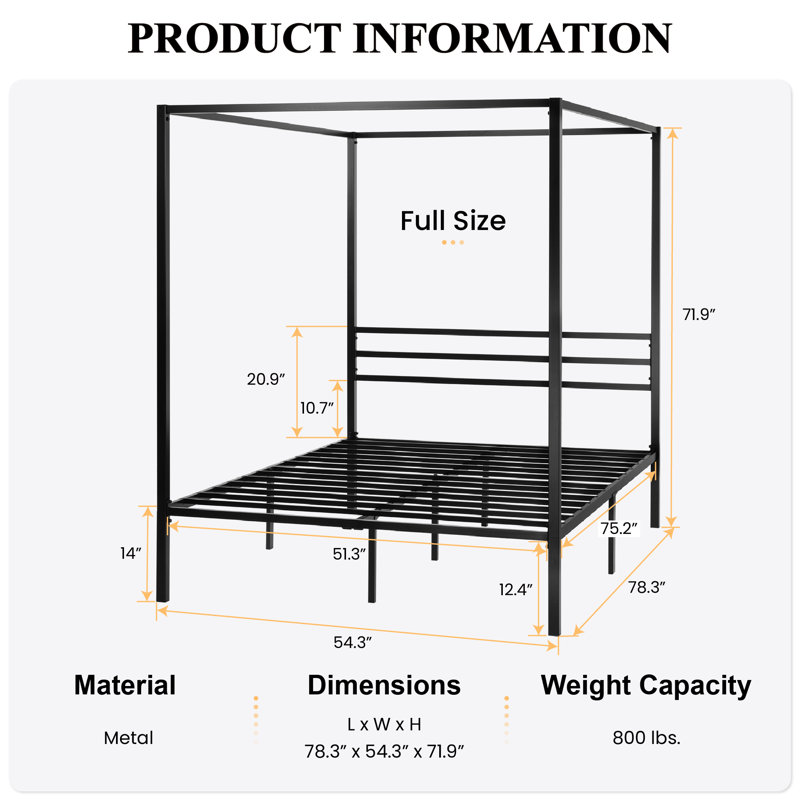 Tabiauea Metal Canopy Bed Frame with Wooden or Metal Slats, Full, Black