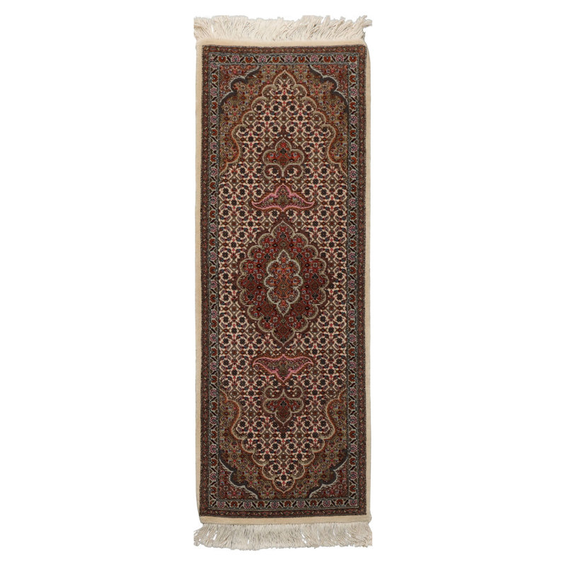 Tapis traditionnel en laine et soie ivoire noué à la main 1 pi 4 po x 4 pi 1 po Tabriz