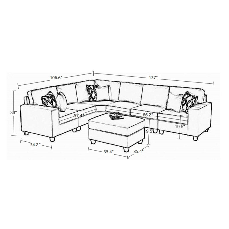 McCoole 137" Square Arms Seating Component with Ottoman, Light Gray