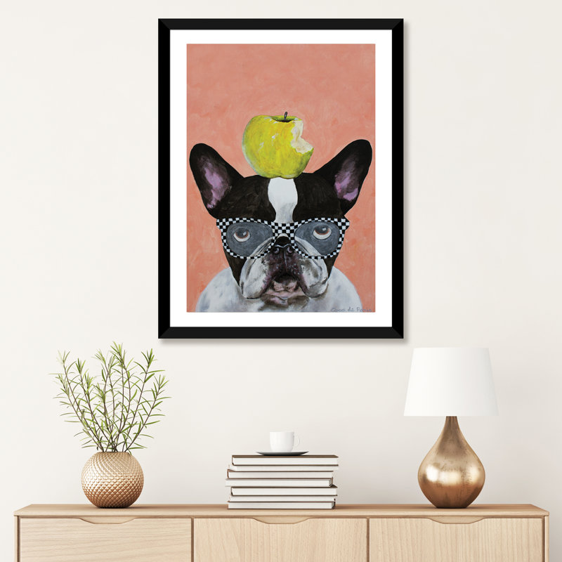 Bouledogue français avec pomme par Coco De Paris - impression d'art graphique, H 32 po x l 24 po x P 1 po, Blanc