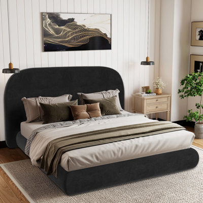 Velvet Upholstered Platform Bed Frame With Headboard,Box Spring Required