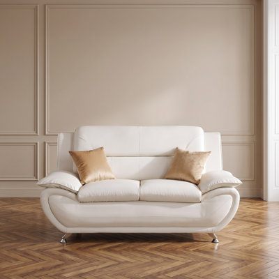 61‘’White Modern Leather 2-Seat Loveseat Sofa，Solid Wood Frame High-Density Memory Foam，110°-115° Adjustable Backrest