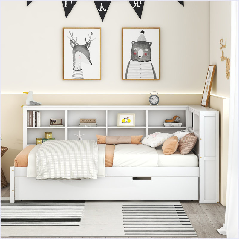 Lit de jour avec tablette de rangement et ports de chargement USB, Blanc, Lit simple
