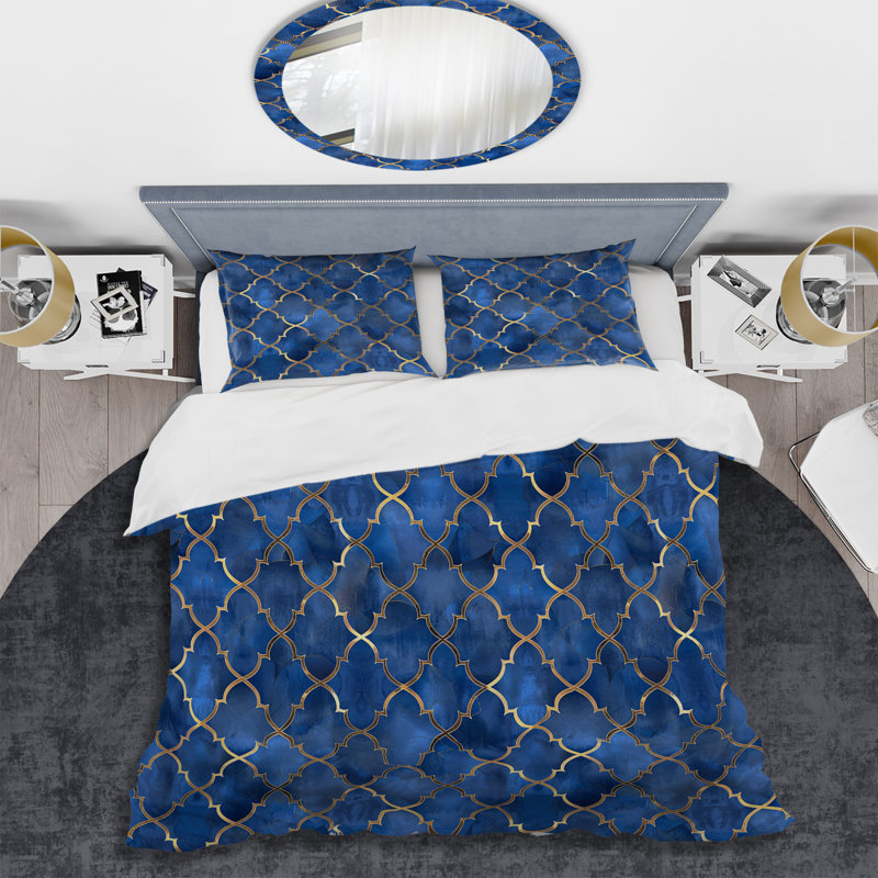Ensemble de housse de couette Blue Gold Glam Quatrefoil II - Glam, Housse de couette pour grand lit + 2 taies décora