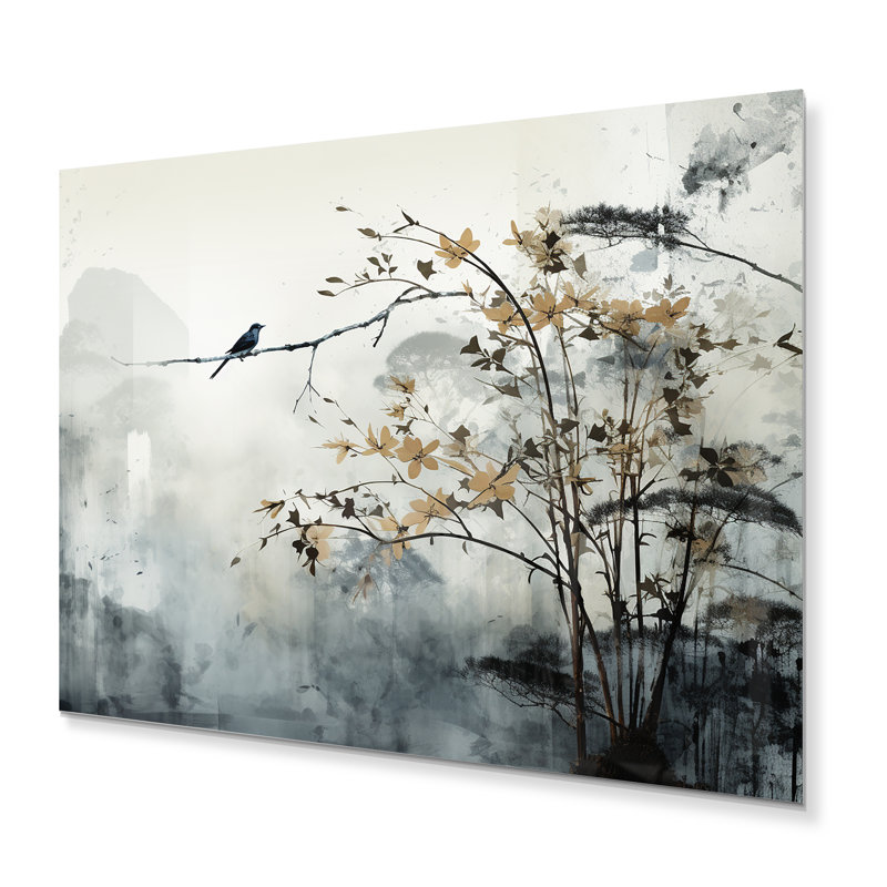 Asian Art Sumi Bird Serenity XVII - Décoration murale asiatique en métal, H 30 po x l 40 po