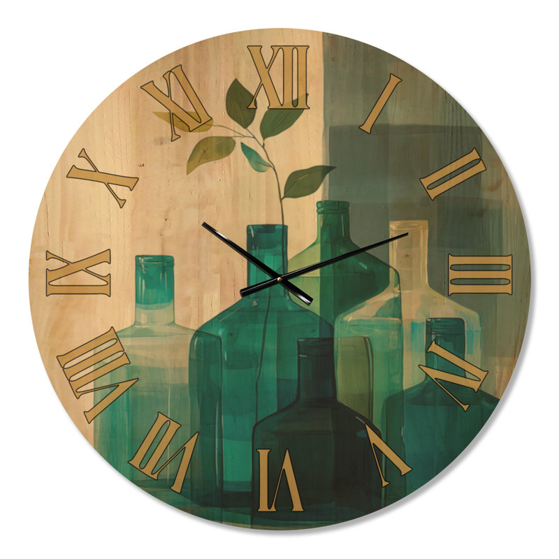 Vases en verre émeraude - Grande horloge murale moderne en bois, Très grand