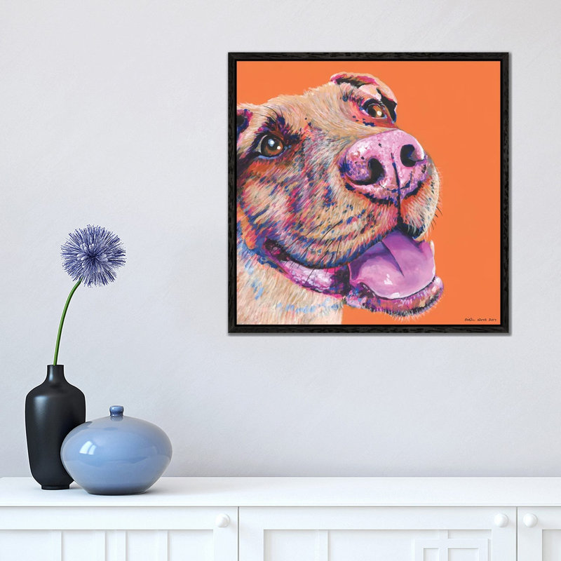 Pitbull On Orange, Square by Kirstin Wood - Painting on Canvas, 45.72 cm H x 45.72 cm W, Black Framed