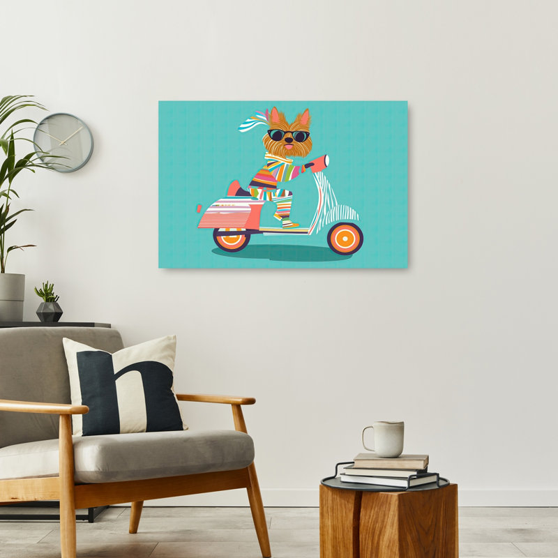 Whimsical Dog Scooter Colorful Playful Vibrant Dog Summer Wall Art Print by Mathieu - Wrapped Canvas Print