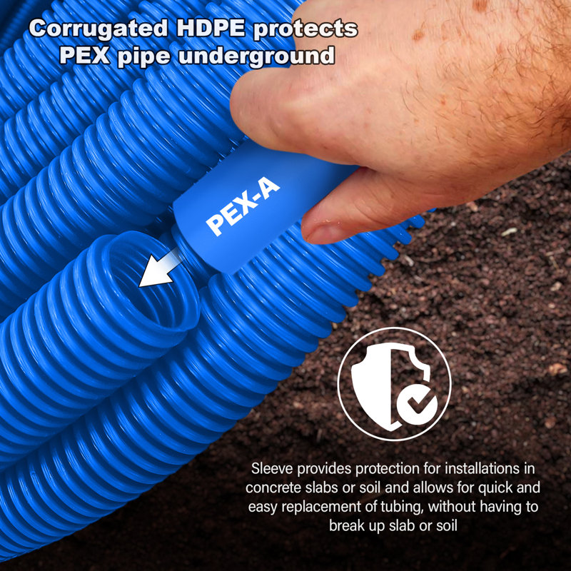 Tuyau PEX-A en PEHD ondulé pré-tissé 3/4 po x 300 pi Tuyau Pex isolé, eau chaude et froide, bleu