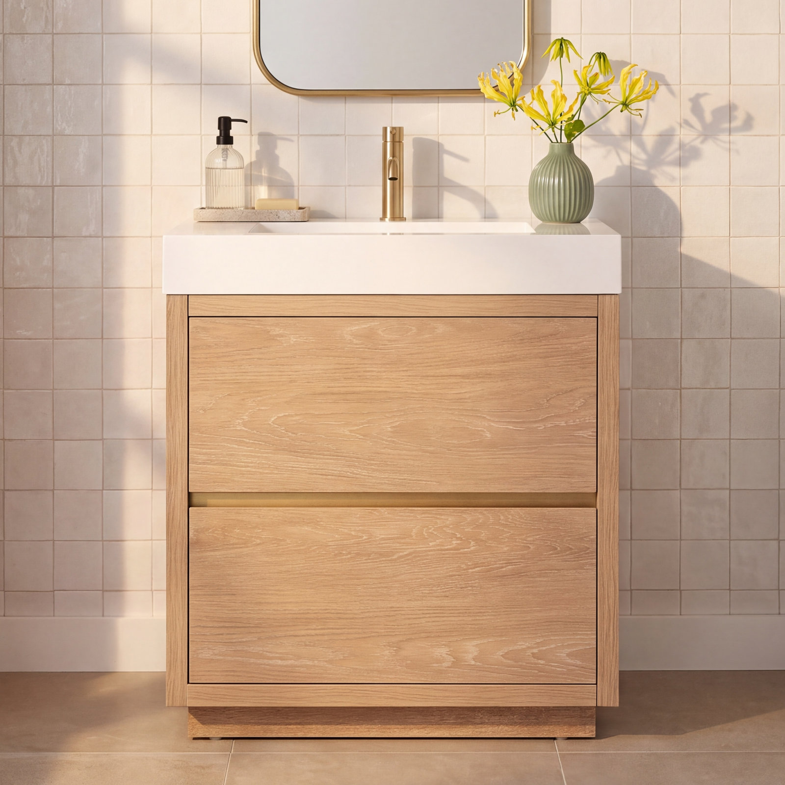 Beira Single Bathroom Vanity, North American Oak, 30", White