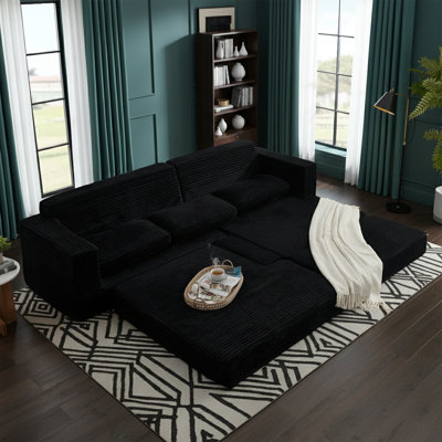 111 Inch W L-Shaped Modular Sectional Sofa Bed Modern Compressed Corduroy Couch Black