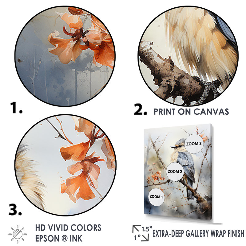 «Misty Blueray Bird On Branch I», reproduction sur toile, H 44 po x l 34 po x P 1,5 po, Cadre photo noir
