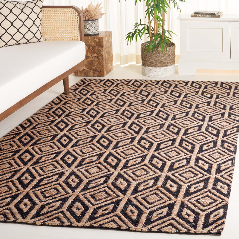 Roemer Natural Fiber Handloomed Jute Cotton Geometric Rug in Black/Natural, Rectangle 5' x 8'