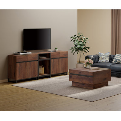 Elanora Modern TV Stand And Coffee Table Set Of 2, TV Stand For Tvs Up To 90 Inch,Entertainment Center With Metal Base, Square Center Table With Tempered Glass And 4 Storage Drawers For Living Room