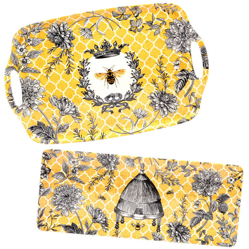 French Bees Yellow and Black Melamine Rectangular Platter Set