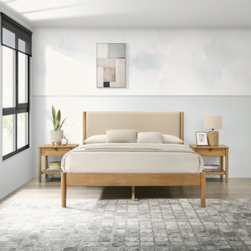 3-Piece Rubberwood Bedroom Set, Platform Bed With Two Nightstands, Queen
