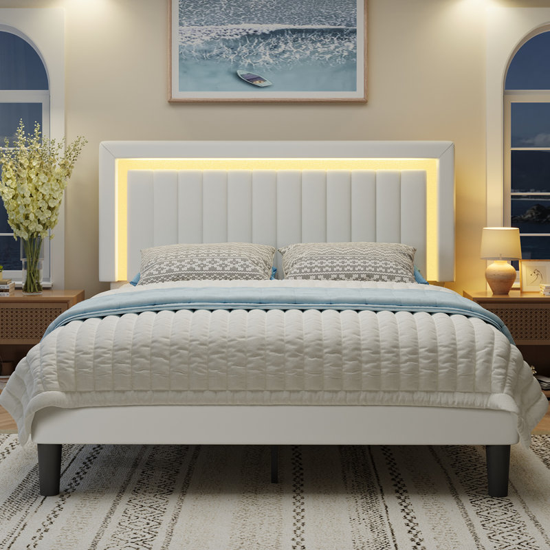  Modern Upholstered Platform Bed with Adjustable Headboard,Velvet Finish,Wide LED Lighted Headboard,No Box Spring Needed,King Size