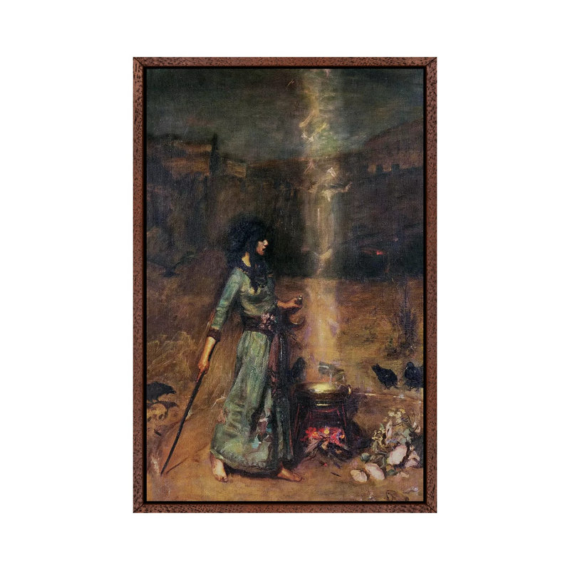 The Magic Circle by John William Waterhouse - 1 Piece Painting on Canvas, 66.04 cm H x 45.72 cm W, Classic Brown Wood Framed
