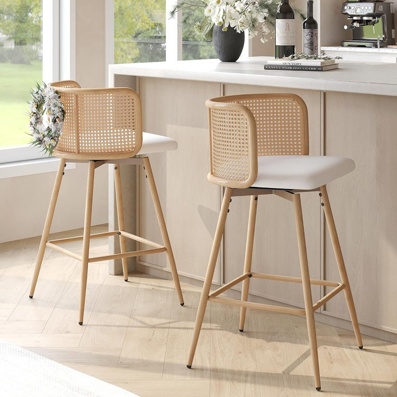 Set Of 2 Mid-Century Modern Swivel Counter Height Bar Stools With Natural Rattan Back And Faux Leather Seat, White