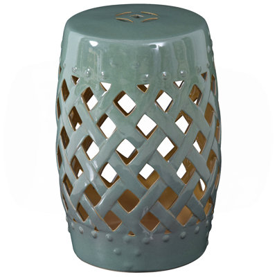 13" X 18" Ceramic Garden Stool With Woven Lattice Design & Glazed Strong Materials Decorative End Table, Green