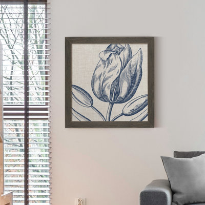 " Indigo Floral On Linen IV-Premium Framed Canvas - Ready To Hang "