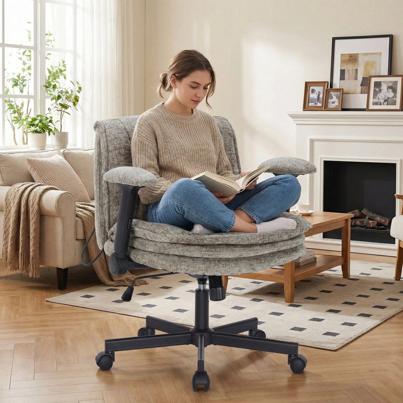 Criss Cross Chair with Flip-up Arms, Wide Criss Legged Chair with 3 Layer Cushion, Ergonomic Office Desk Chair with Wheels, Swivel Vanity Chair for Office, Living Room, Bedroom