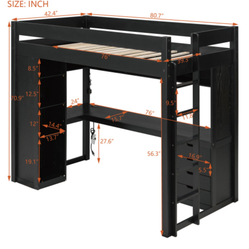 Lit mezzanine simple en bois massif, Black, Twin