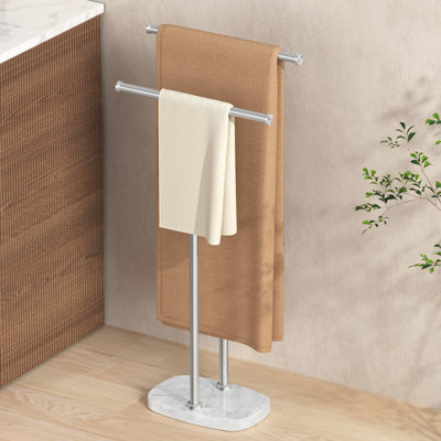 KES Free Standing Bath Towel Racks For Bathroom, 10.5 Lbs Weighted Marble Base Towel Rack Stand, Double T-Shape Standing Towel Rack Brushed Finish