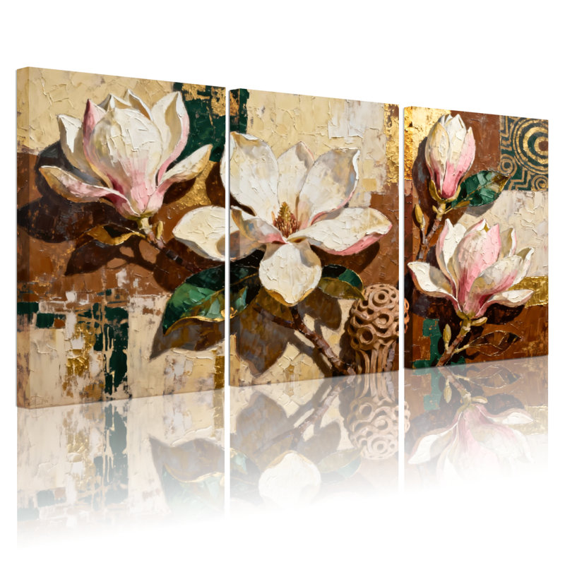 Plantes et fleurs, fleurs de magnolia sur fond texturé, ensemble de 3 impressions sur toile, H 24 po x l 48 po