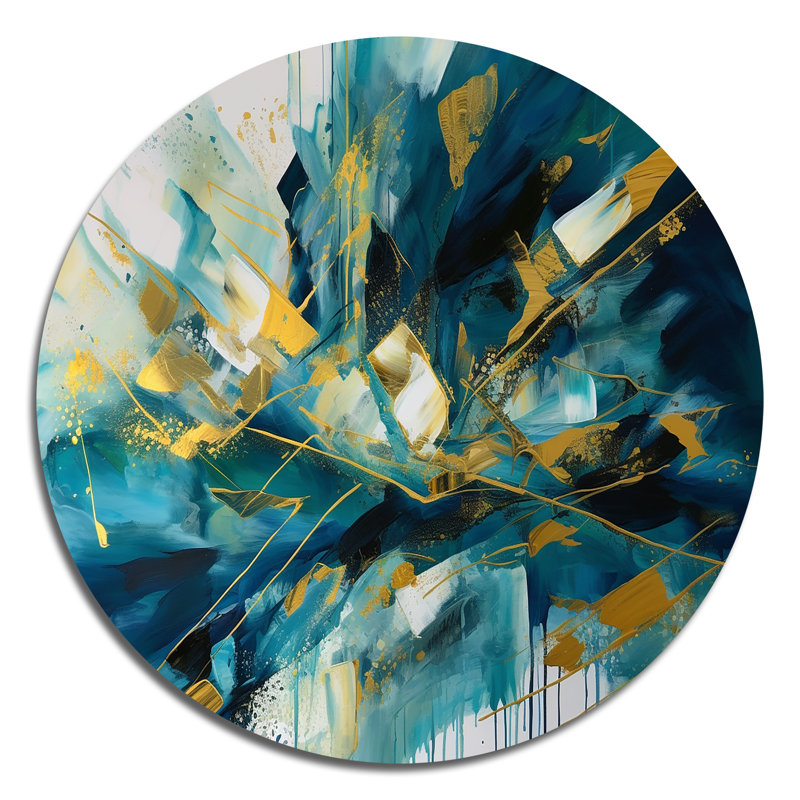 Golden Explosion Triangles V - Abstract Geometric Round Wall Art on Metal, 29" H x 29" W x 1" D