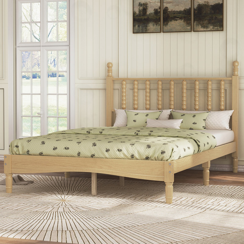 Lit plateforme double en bois avec tête de lit en forme de gourde, Natural