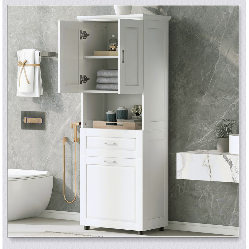 Armoire de salle de bain haute avec panier à linge, grand panier à linge inclinable et dessus