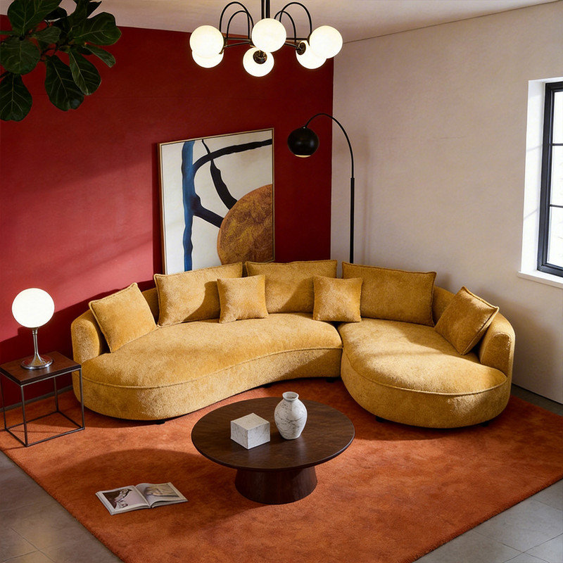 Curved Boucle Sectional Sofa in Warm Yellow, Modern Sculptural Couch with Deep Lounge Seating, Artistic Modular Sofa for Living Room
