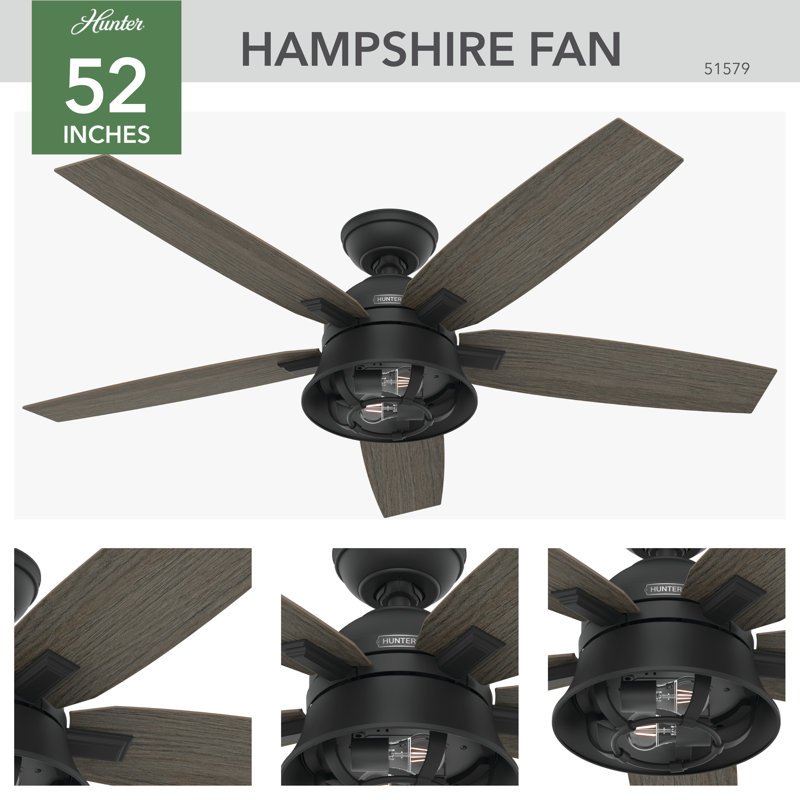 52" Matte Black Hampshire Ceiling Fan with LED Light and Remote