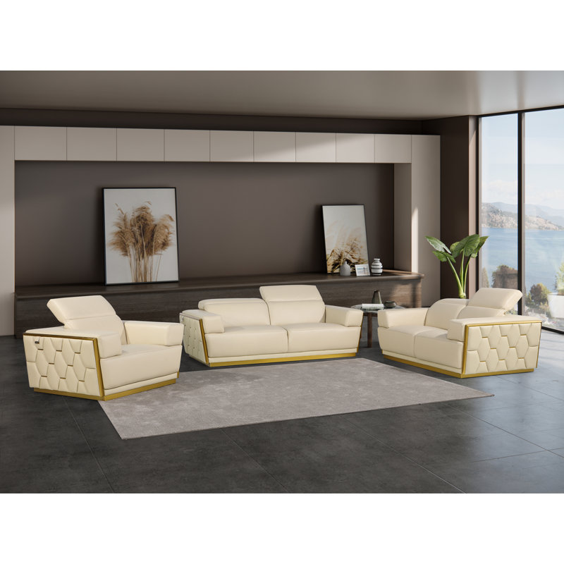 Ensemble de salon en cuir italien 3 pièces Jelche, Or, Beige