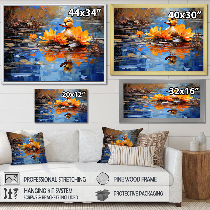 «Blue and Brown Duck In Pond III» - Art mural animal canard, Cadre flottant blanc, H 16 po x l 32 po x P 1 po