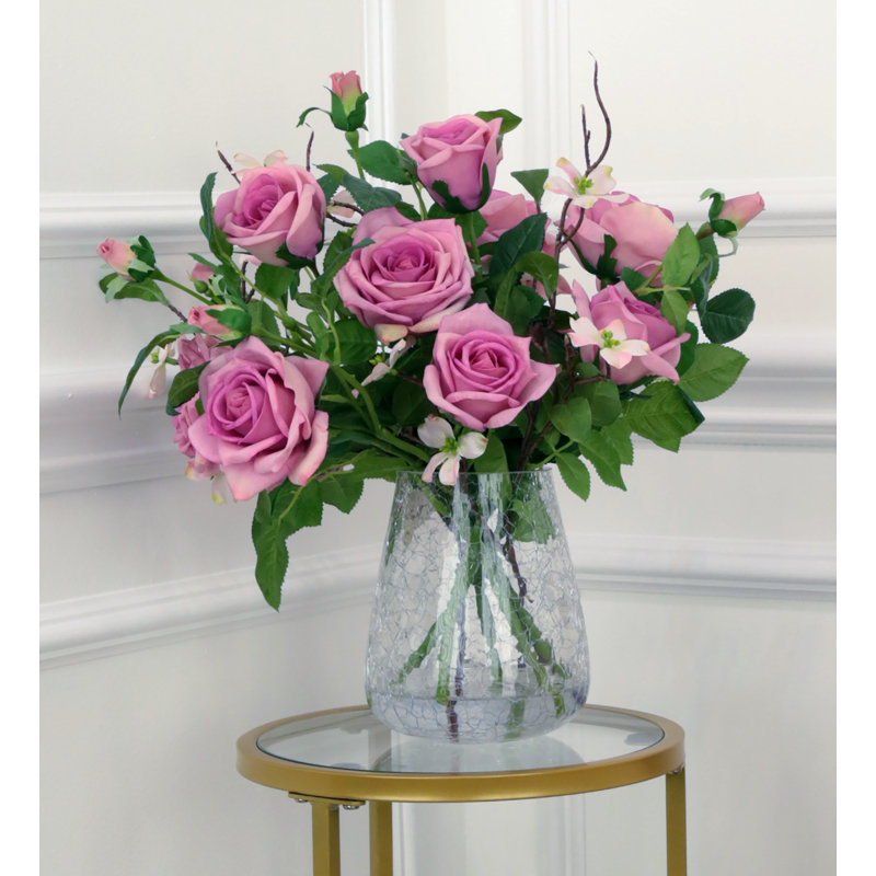 Roses In Crackle Vase - 17 Inches, Pink